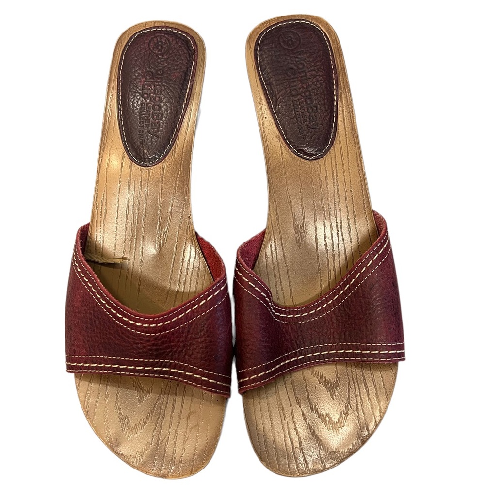 Montego Bay Club Sandal/Slides Wood Like Sole and Leather Burgundy Straps Size 8